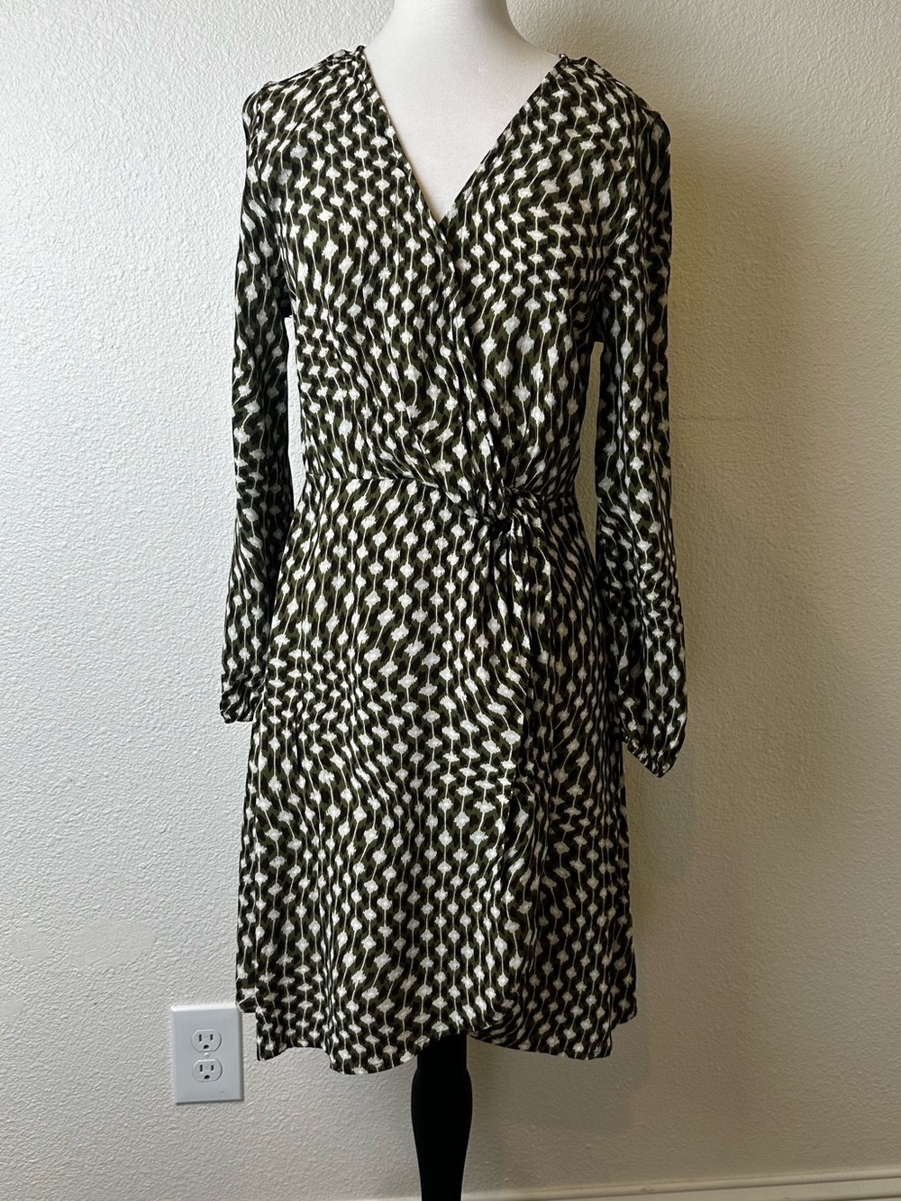 Time and Tru Olive and White Wrap-Style Long Sleeve Dress